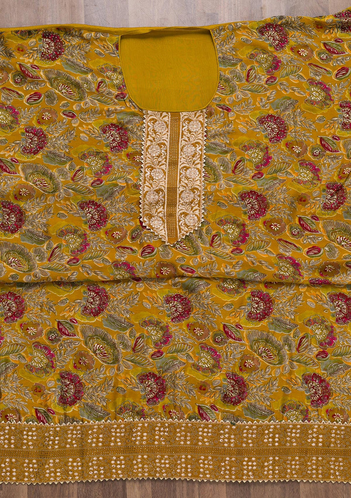 Mustard Semi Crepe Swarovski Unstitched Salwar Suit-koskii