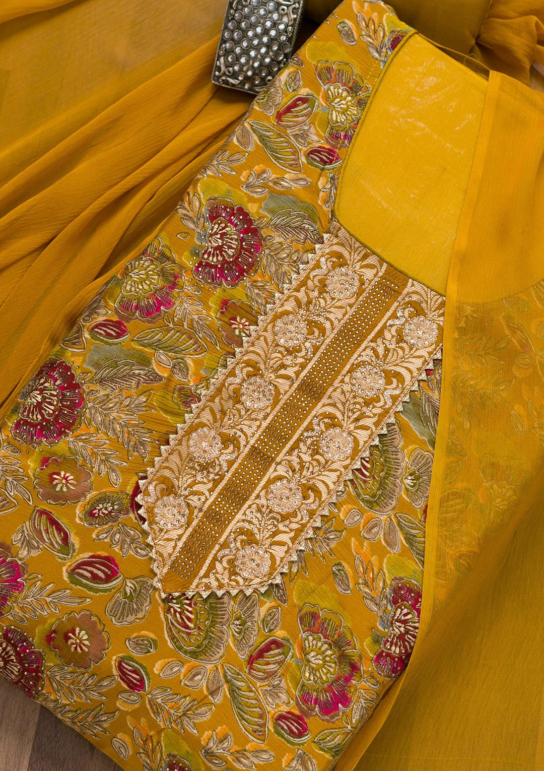 Mustard Semi Crepe Swarovski Unstitched Salwar Suit-koskii