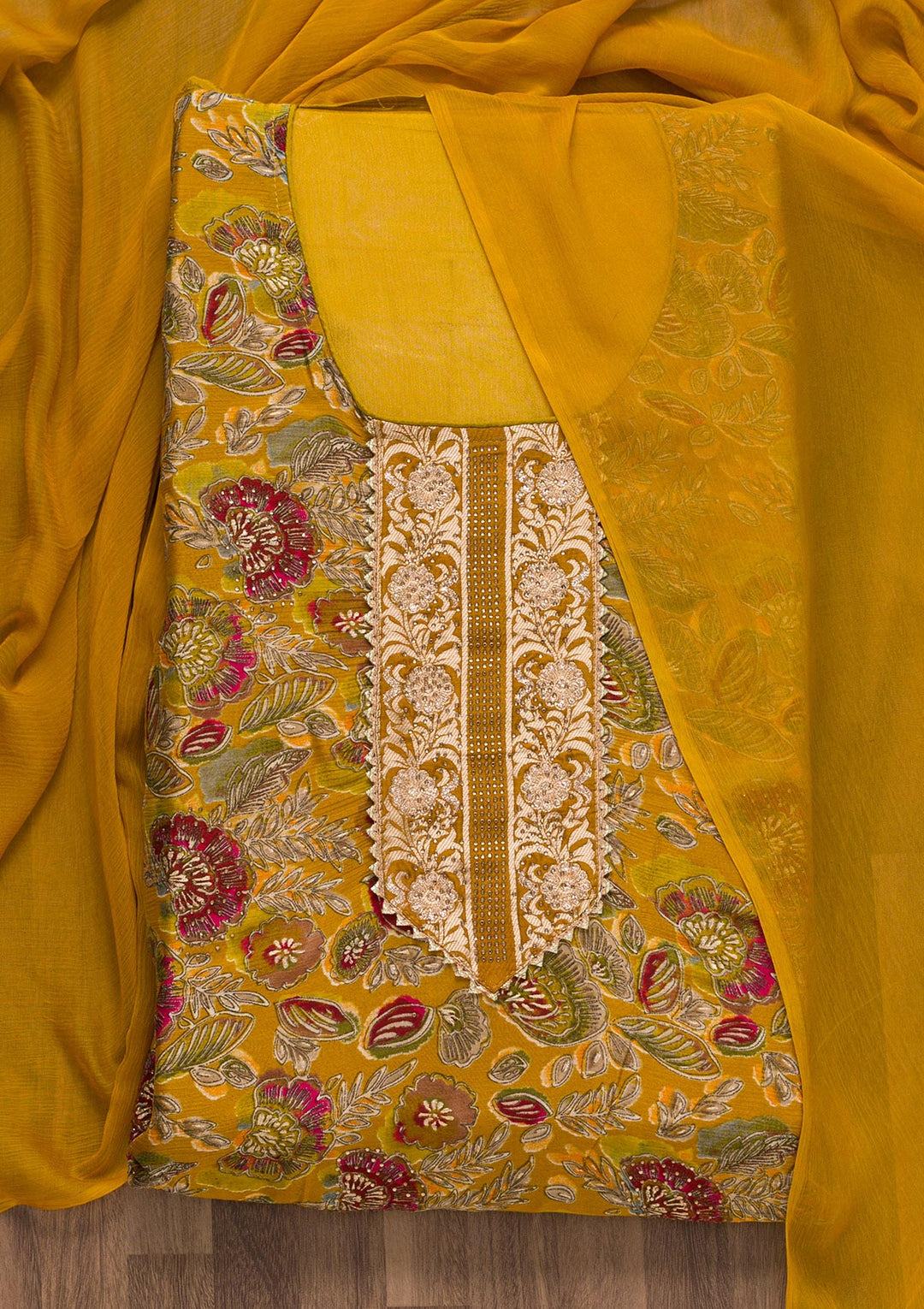 Mustard Semi Crepe Swarovski Unstitched Salwar Suit-koskii