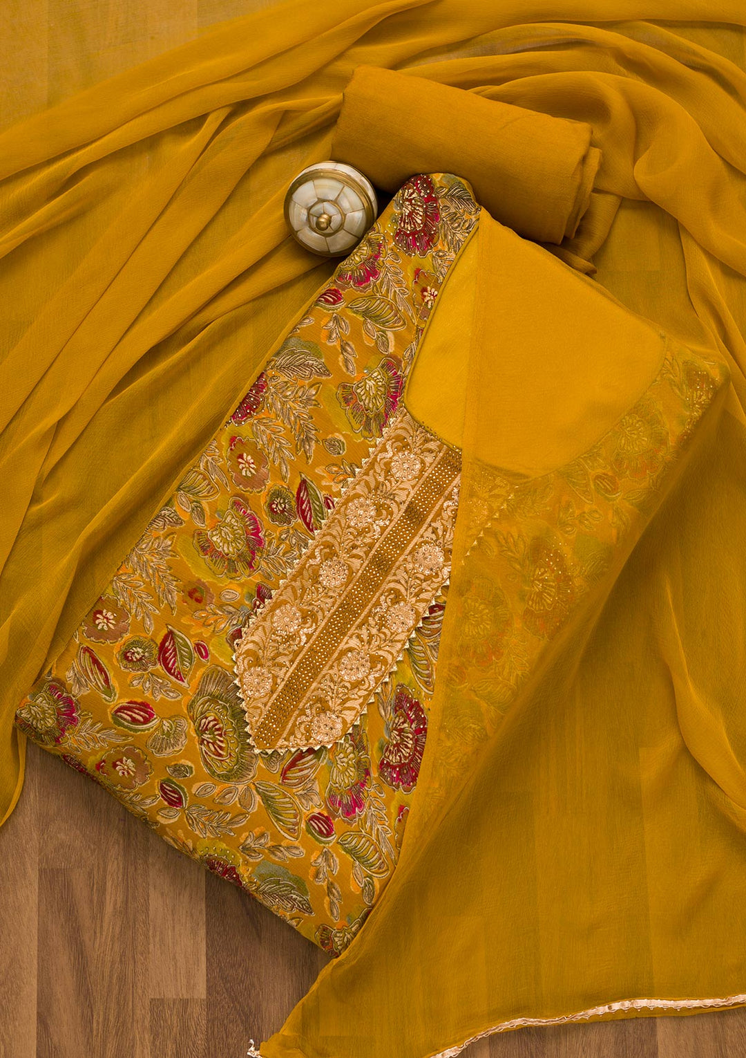 Mustard Swarovski Semi Crepe Unstitched Salwar Kameez-Koskii