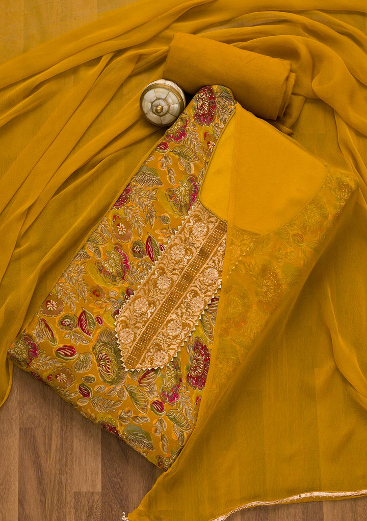 Mustard Swarovski Semi Crepe Unstitched Salwar Kameez-Koskii