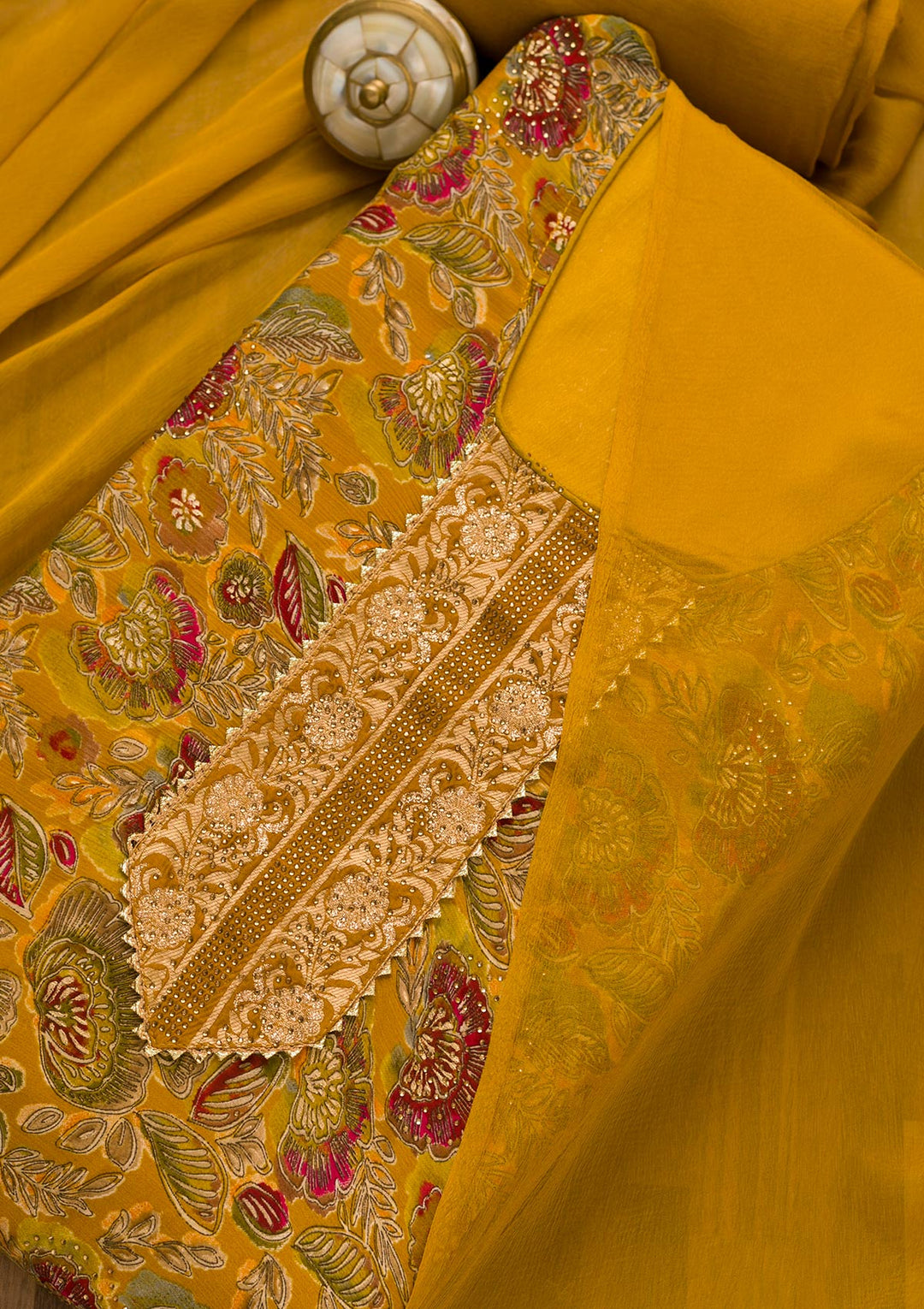 Mustard Swarovski Semi Crepe Unstitched Salwar Kameez-Koskii