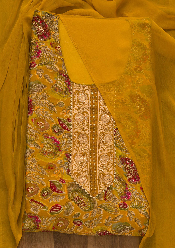 Mustard Swarovski Semi Crepe Unstitched Salwar Kameez-Koskii
