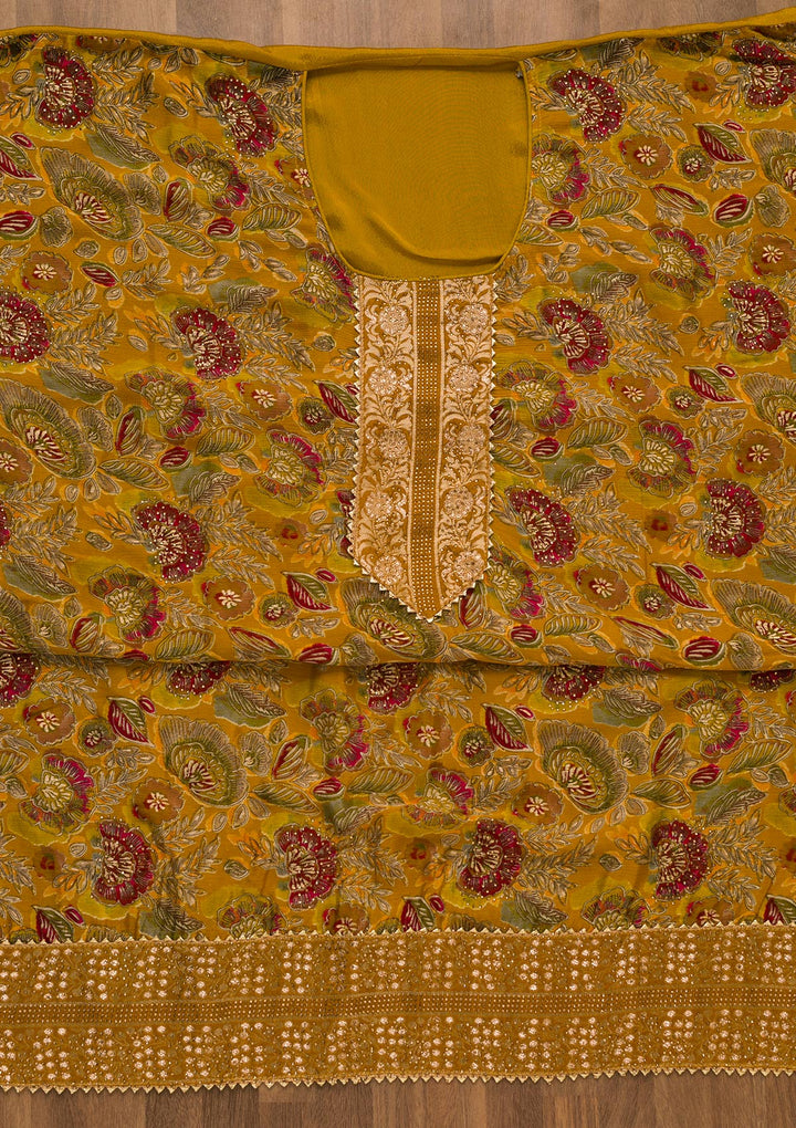 Mustard Swarovski Semi Crepe Unstitched Salwar Kameez-Koskii