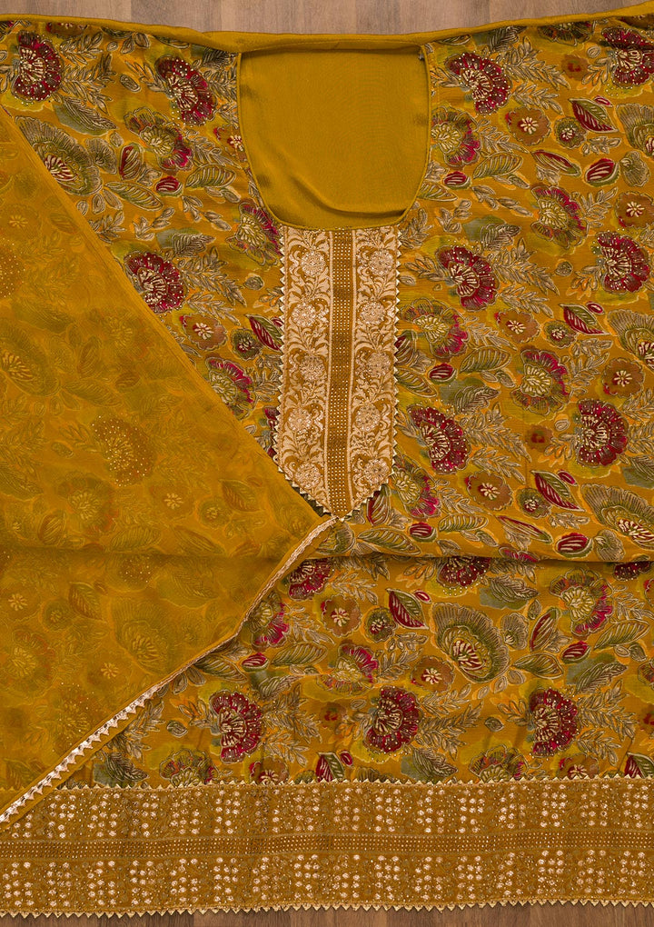 Mustard Swarovski Semi Crepe Unstitched Salwar Kameez-Koskii
