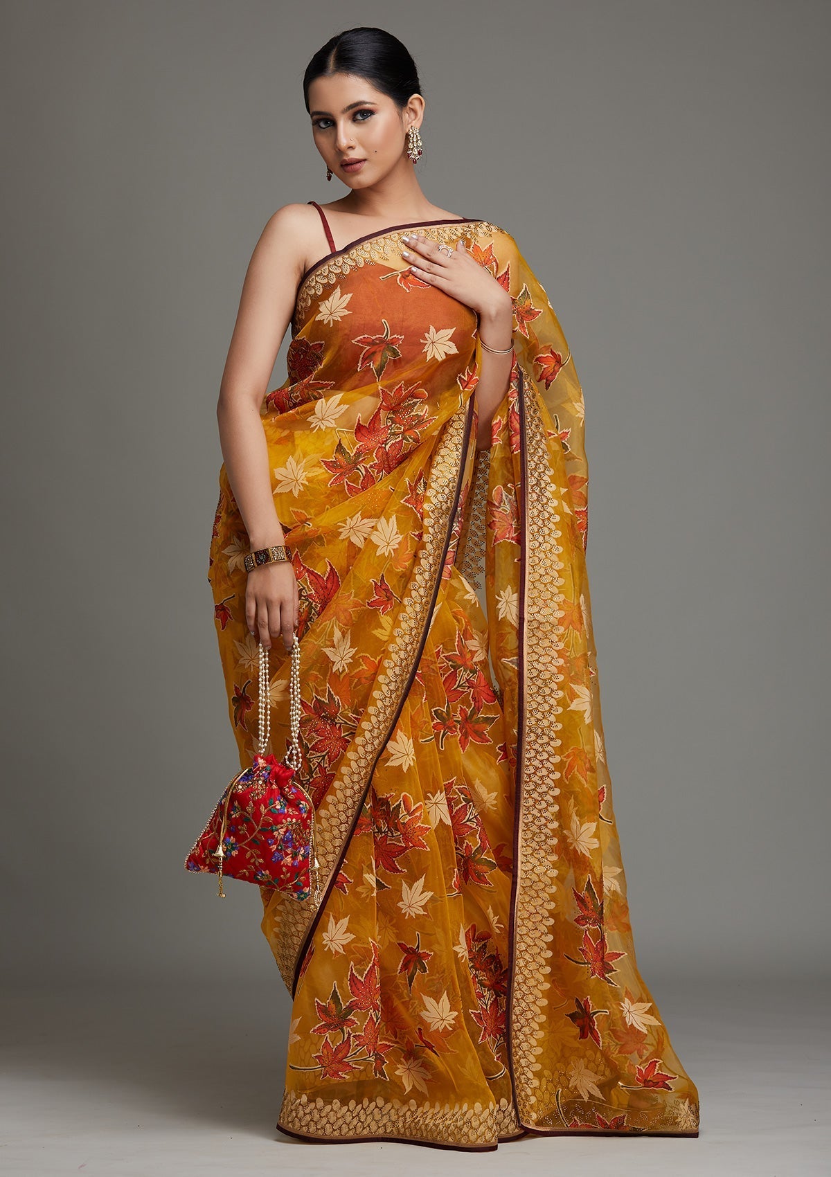 Mustard Swarovski Shimmer Saree- Koskii