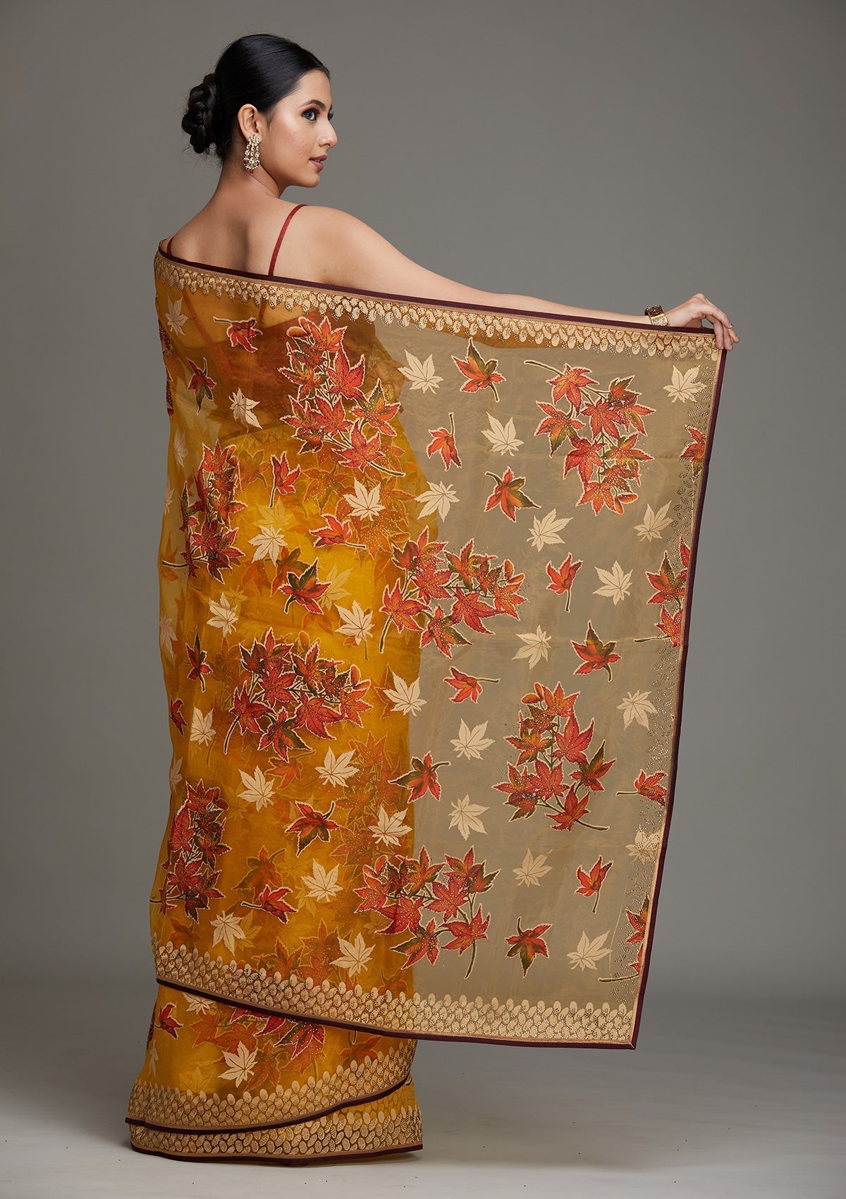 Mustard Swarovski Shimmer Saree - Koskii