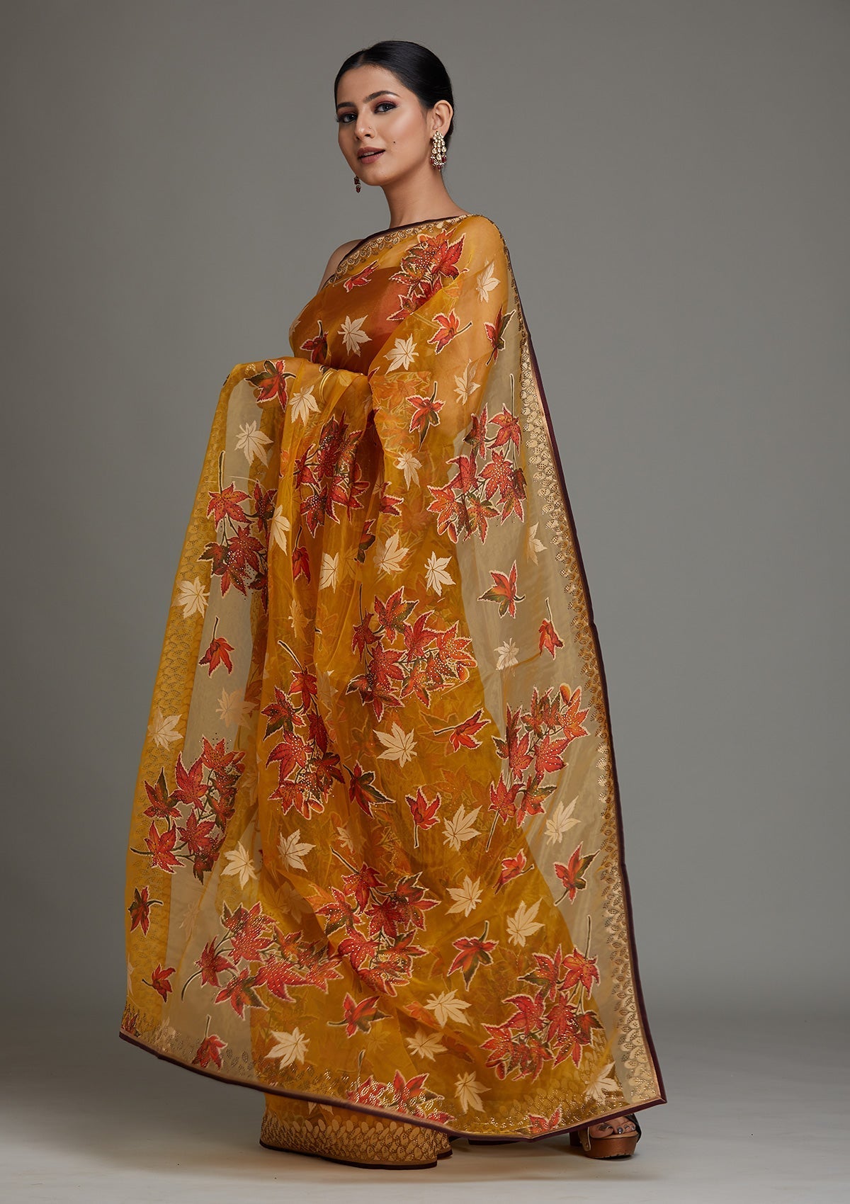 Mustard Swarovski Shimmer Saree - Koskii