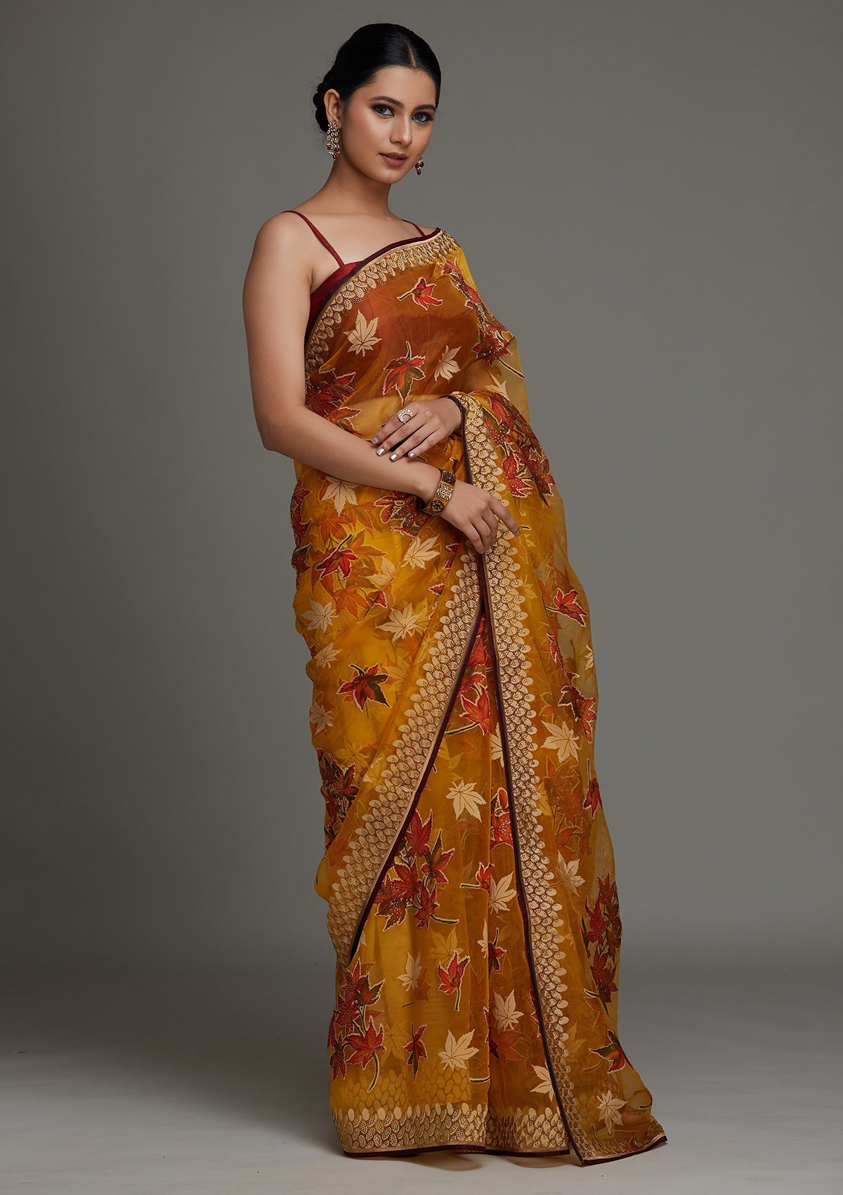 Mustard Swarovski Shimmer Saree - Koskii