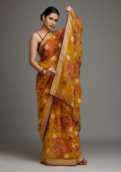 Mustard Swarovski Shimmer Saree - Koskii