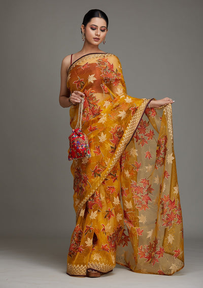 Mustard Swarovski Shimmer Saree - Koskii