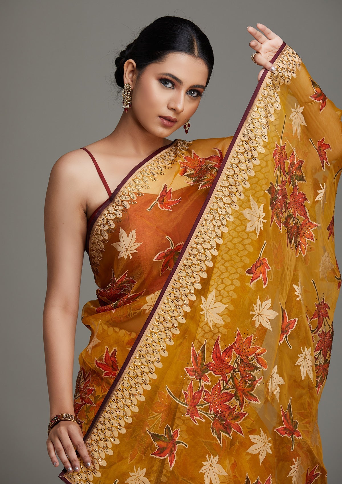 Mustard Swarovski Shimmer Saree - Koskii