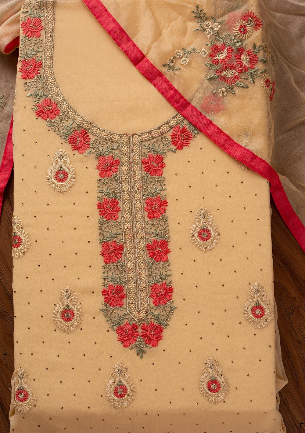 Mustard Threadwork Chanderi Designer Unstitched Salwar Suit - koskii