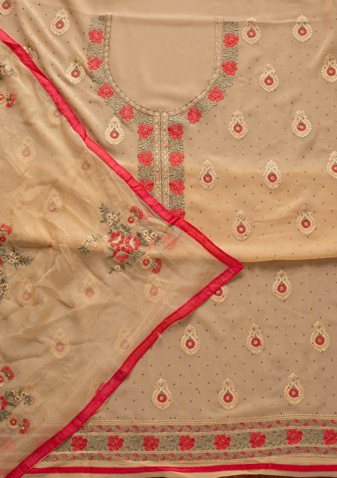Mustard Threadwork Chanderi Designer Unstitched Salwar Suit - koskii