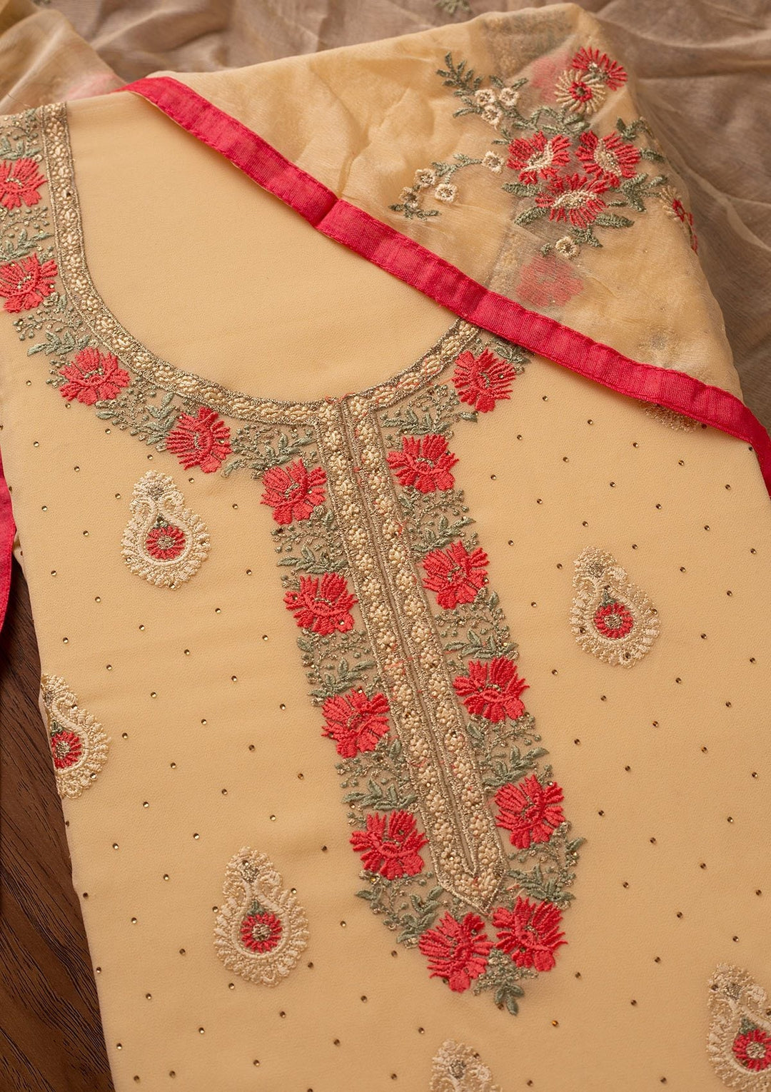 Mustard Threadwork Chanderi Designer Unstitched Salwar Suit - koskii