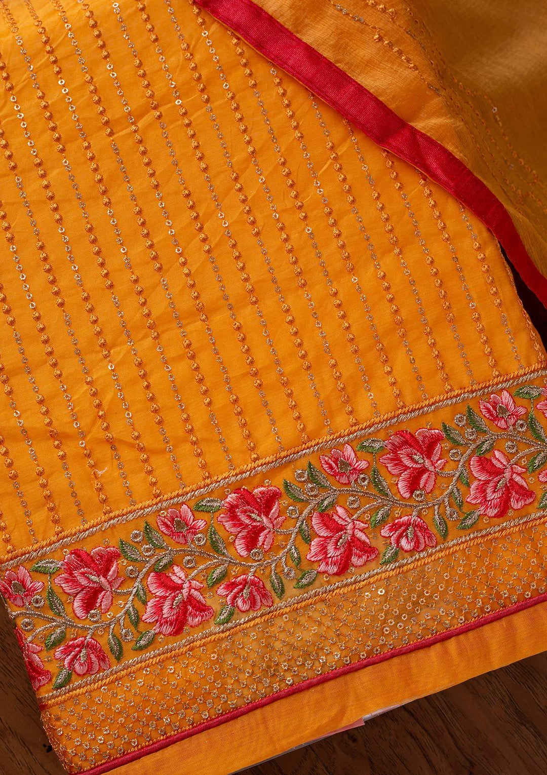 Mustard Threadwork Chanderi Designer Semi-Stitched Salwar Suit - koskii