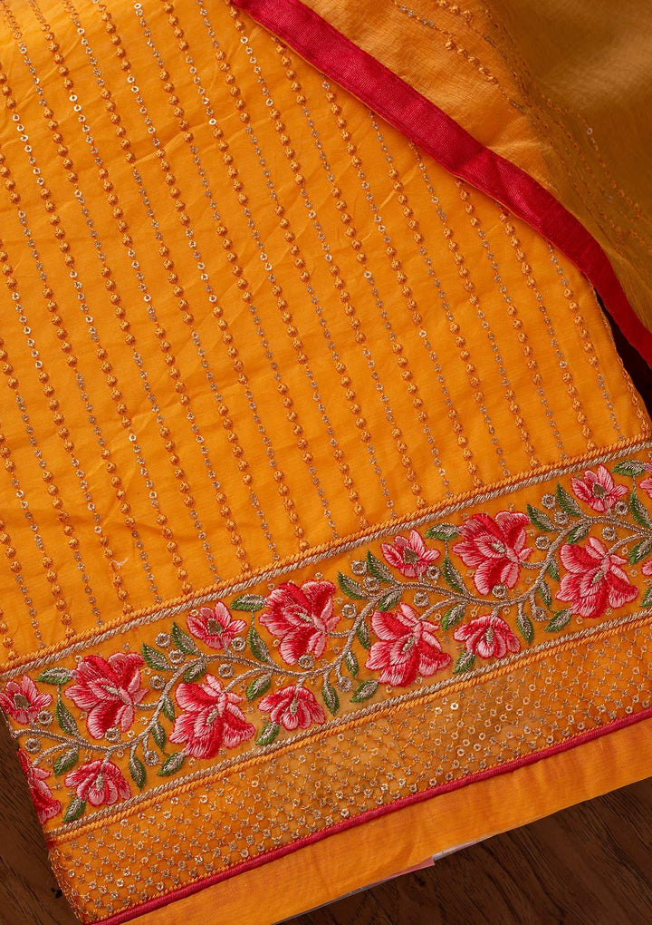 Mustard Threadwork Chanderi Designer Semi-Stitched Salwar Suit - koskii