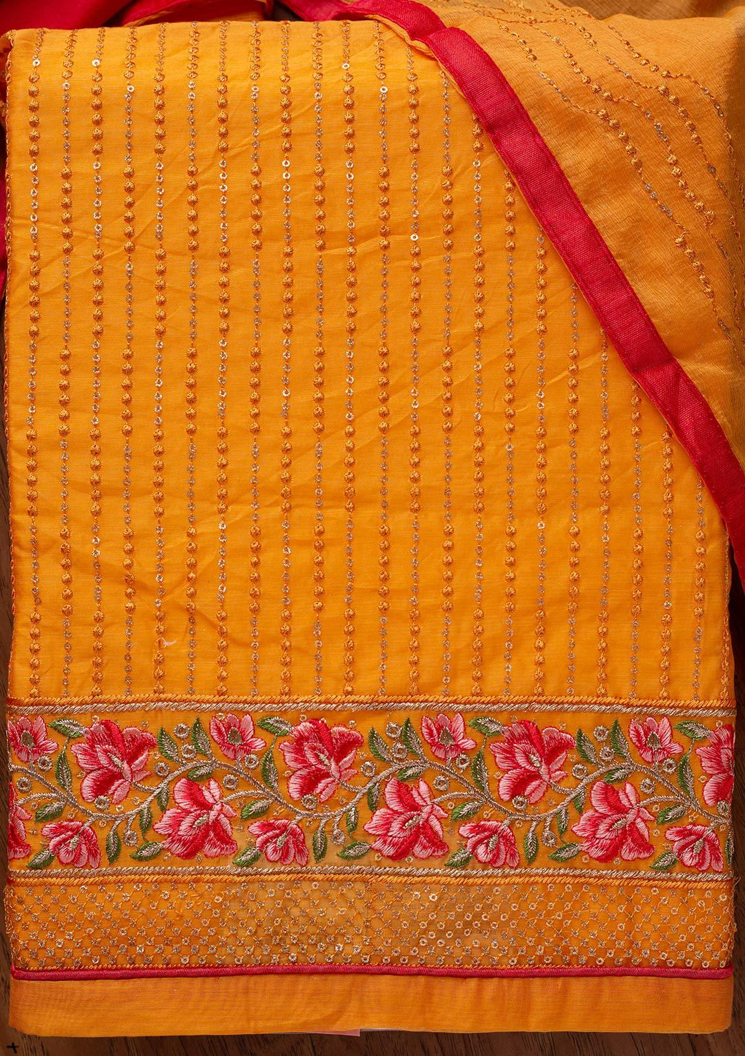 Mustard Threadwork Chanderi Designer Semi-Stitched Salwar Suit - koskii
