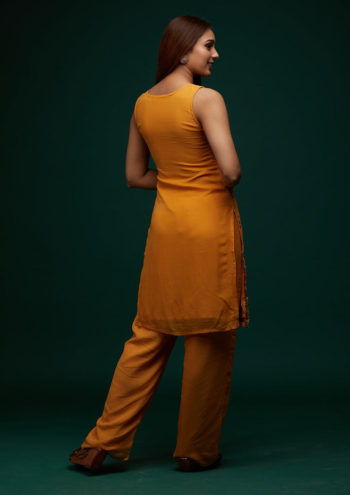 Mustard Threadwork Georgette Designer Salwar Suit - Koskii