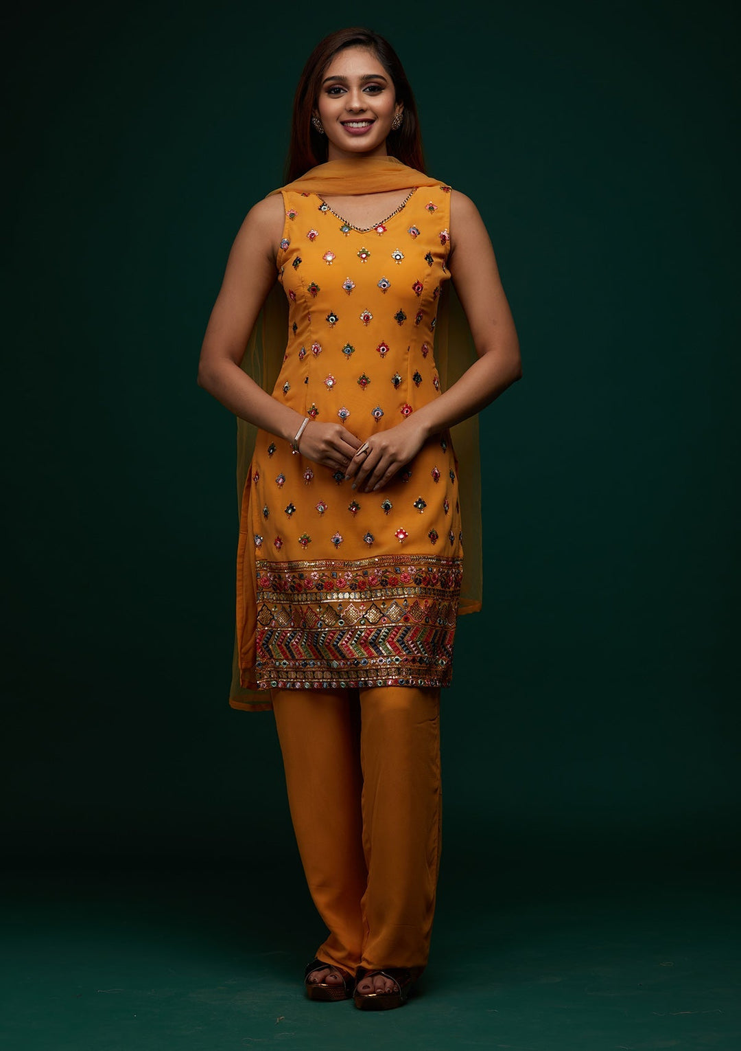 Mustard Threadwork Georgette Designer Salwar Suit - Koskii