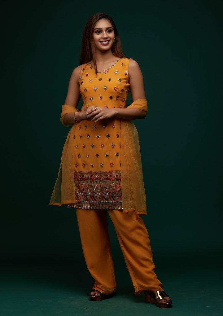 Mustard Threadwork Georgette Designer Salwar Suit - Koskii