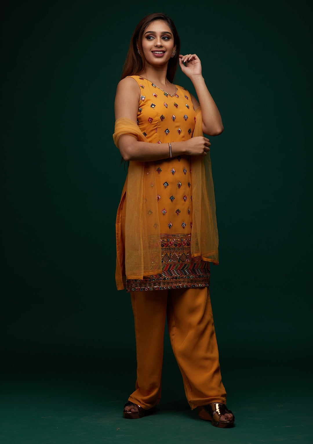 Mustard Threadwork Georgette Designer Salwar Suit - Koskii