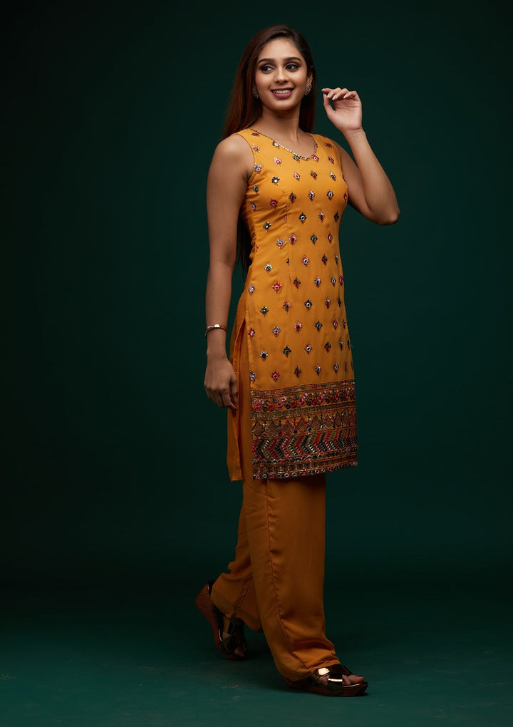 Mustard Threadwork Georgette Designer Salwar Suit - Koskii
