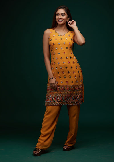 Mustard Threadwork Georgette Designer Salwar Suit - Koskii