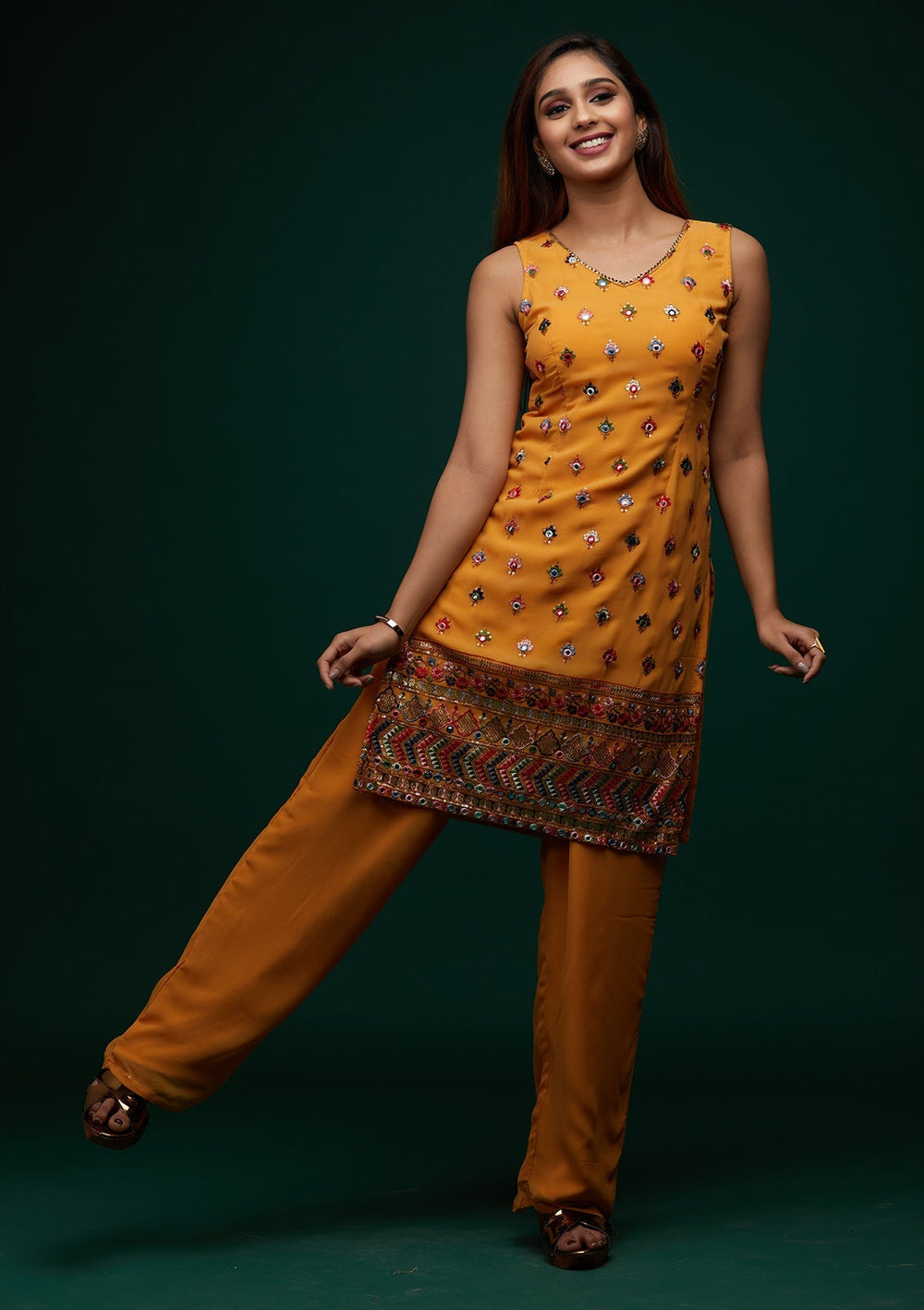 Mustard Threadwork Georgette Designer Salwar Suit - Koskii