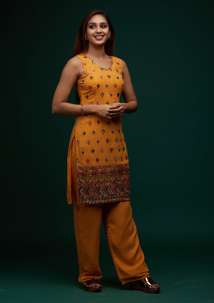 Mustard Threadwork Georgette Designer Salwar Suit - Koskii