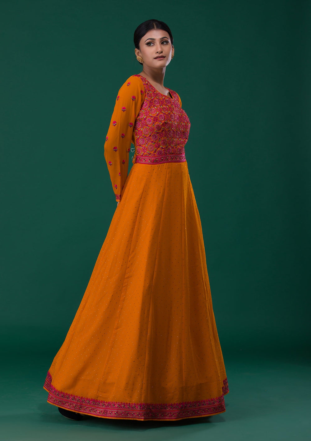 Mustard Threadwork Georgette Designer Anarkali Suit-Koskii