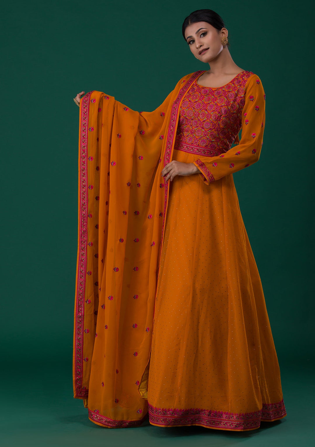 Mustard Threadwork Georgette Designer Anarkali Suit-Koskii