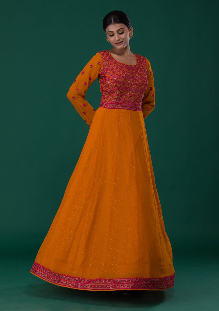 Mustard Threadwork Georgette Designer Anarkali Suit-Koskii