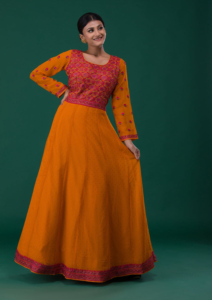 Mustard Threadwork Georgette Designer Anarkali Suit-Koskii