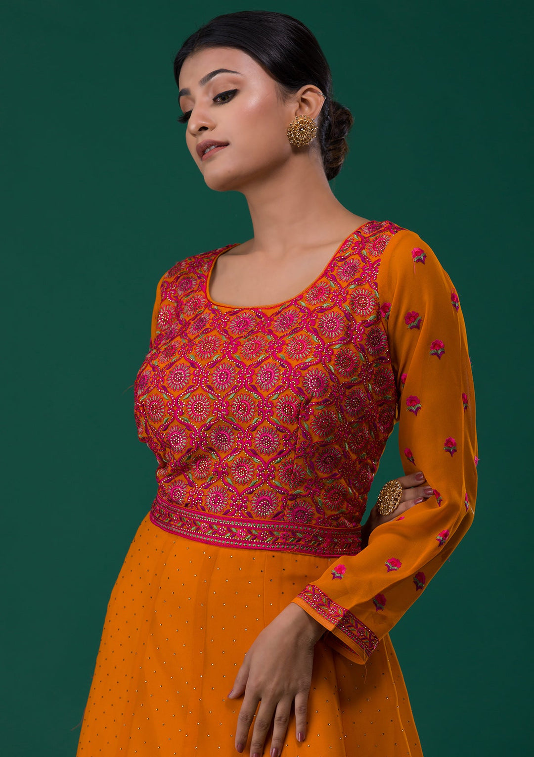 Mustard Threadwork Georgette Designer Anarkali Suit-Koskii