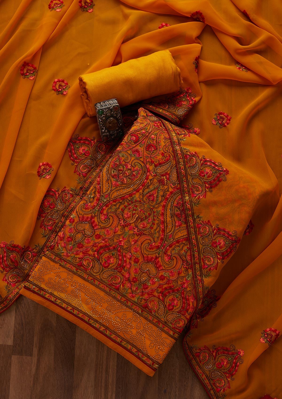 Mustard Threadwork Georgette Designer Semi-Stitched Salwar Suit - Koskii