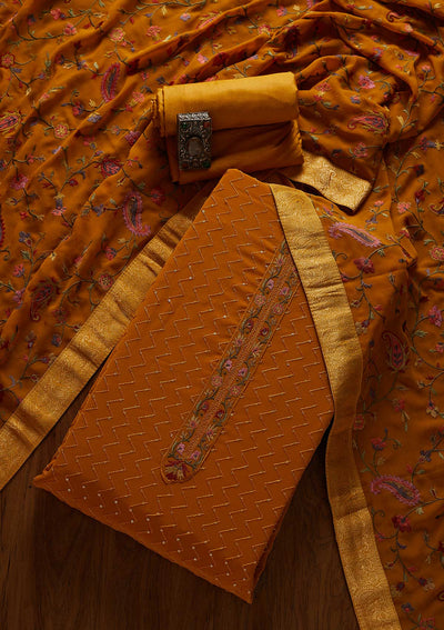 Mustard Threadwork Georgette Designer Unstitched Salwar Suit - koskii