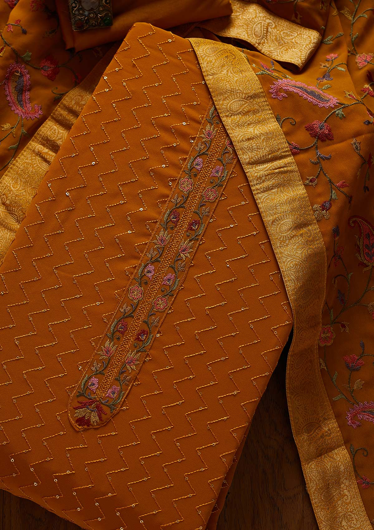 Mustard Threadwork Georgette Designer Unstitched Salwar Suit - koskii