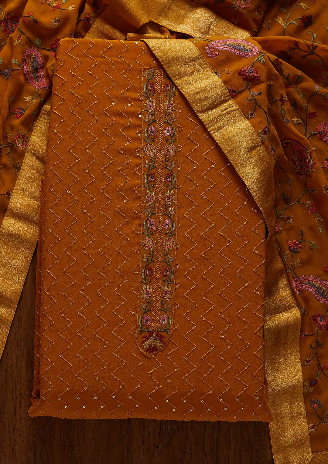 Mustard Threadwork Georgette Designer Unstitched Salwar Suit - koskii