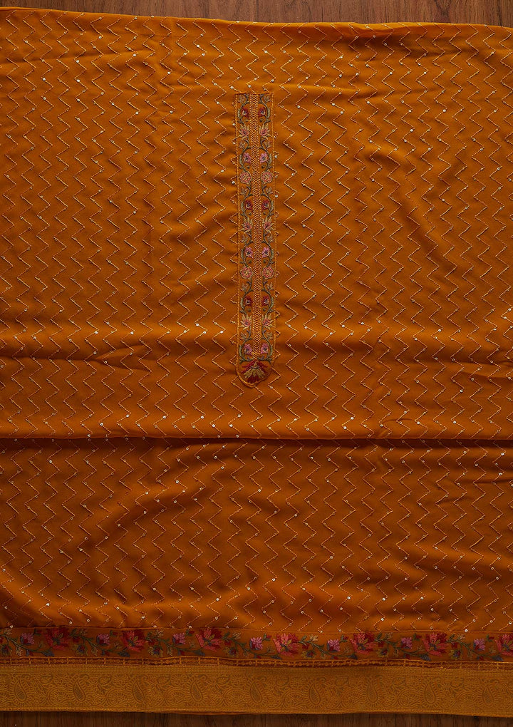 Mustard Threadwork Georgette Designer Unstitched Salwar Suit - koskii