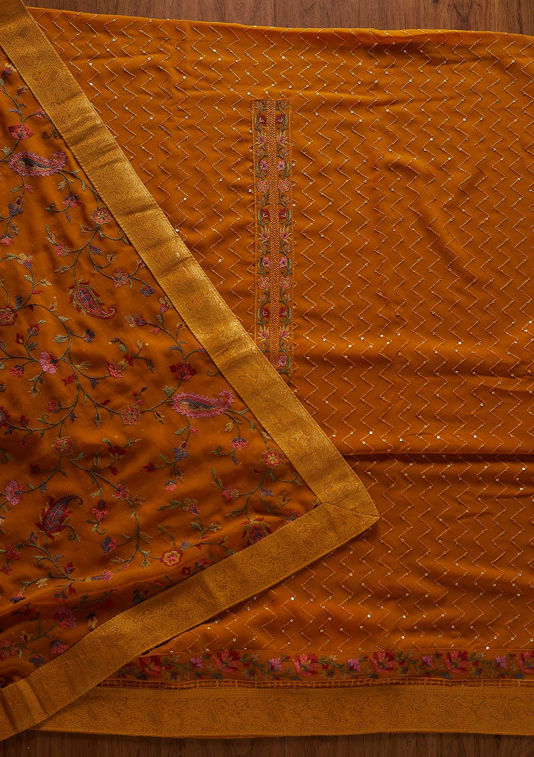 Mustard Threadwork Georgette Designer Unstitched Salwar Suit - koskii