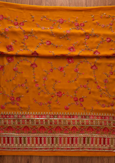 Mustard Threadwork Georgette Designer Unstitched Salwar Suit - Koskii