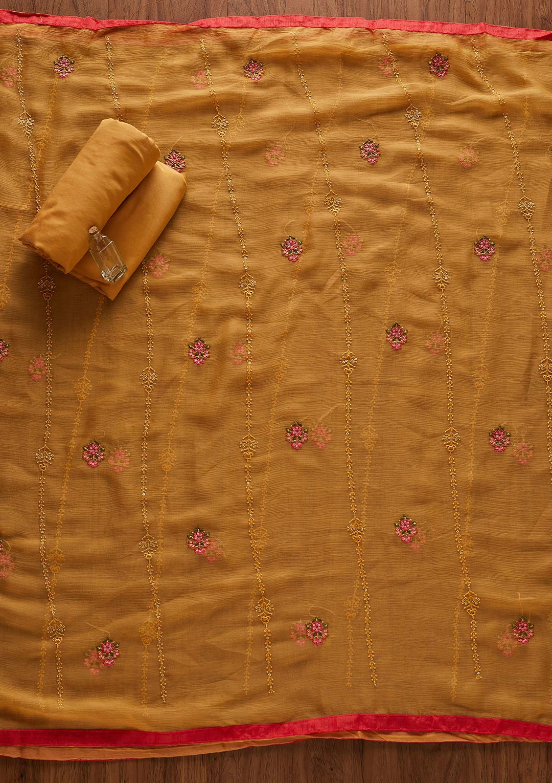 Mustard Threadwork Georgette Designer Unstitched Salwar Suit - Koskii