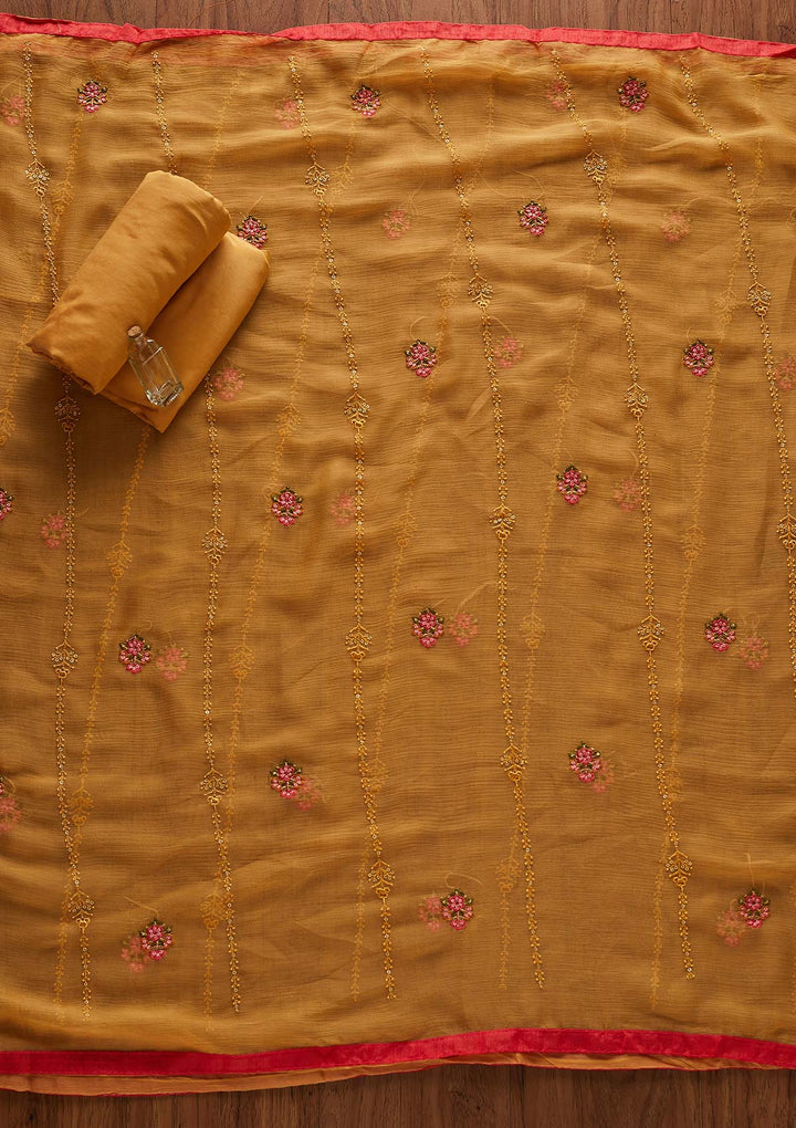 Mustard Threadwork Georgette Designer Unstitched Salwar Suit - Koskii