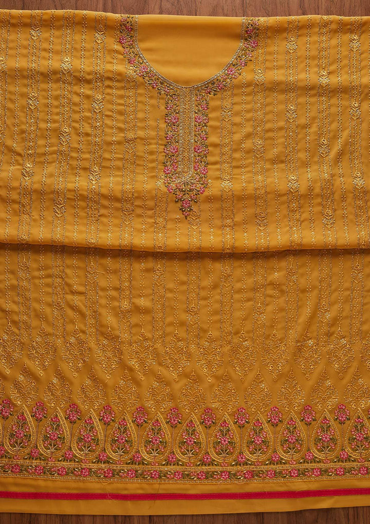 Mustard Threadwork Georgette Designer Unstitched Salwar Suit - Koskii