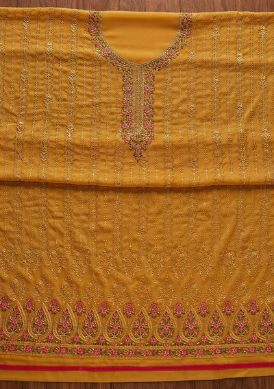 Mustard Threadwork Georgette Designer Unstitched Salwar Suit - Koskii