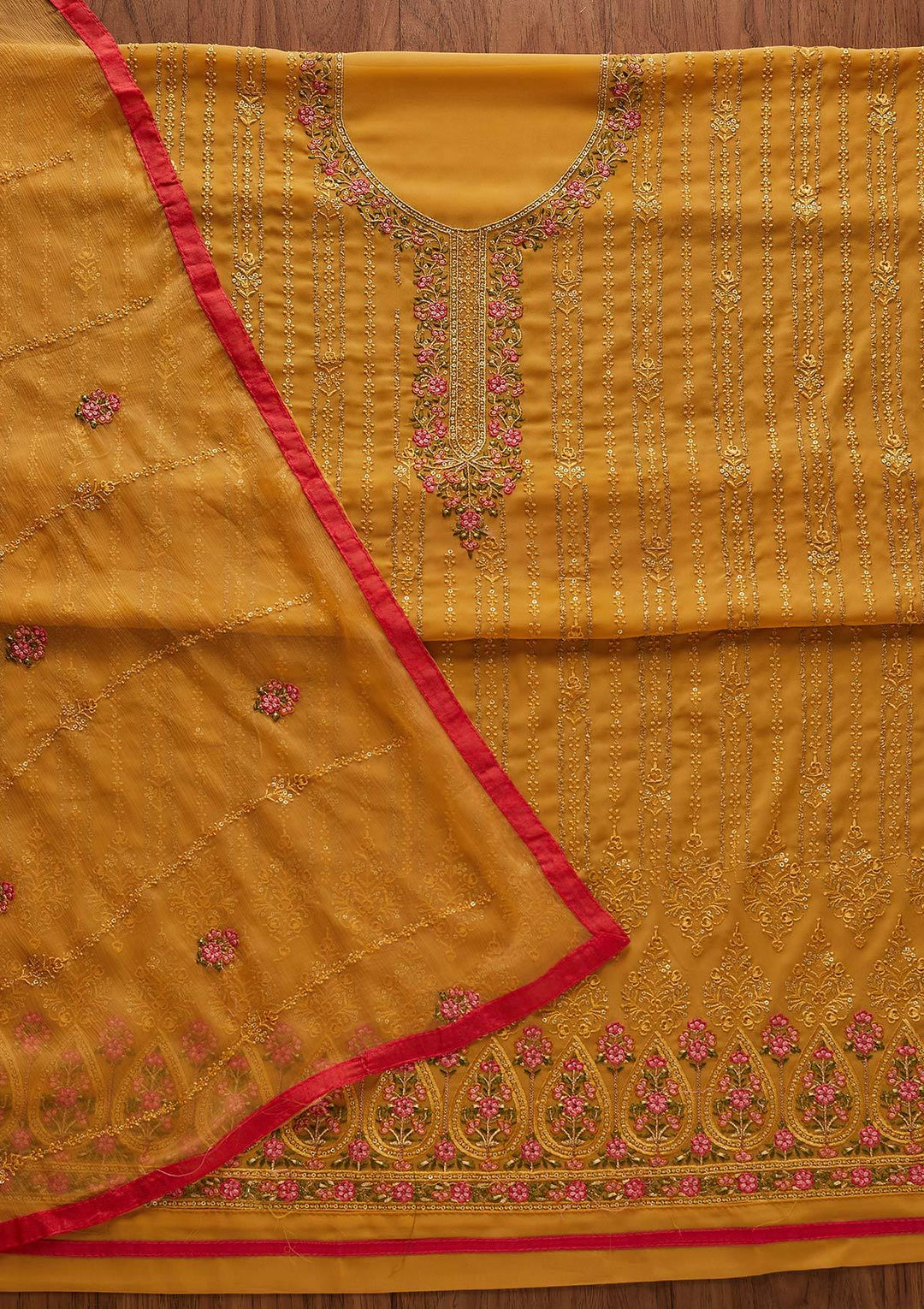 Mustard Threadwork Georgette Designer Unstitched Salwar Suit - Koskii
