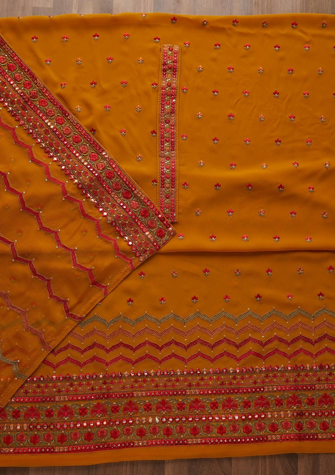 Mustard Threadwork Georgette  Unstitched Salwar Suit - Koskii