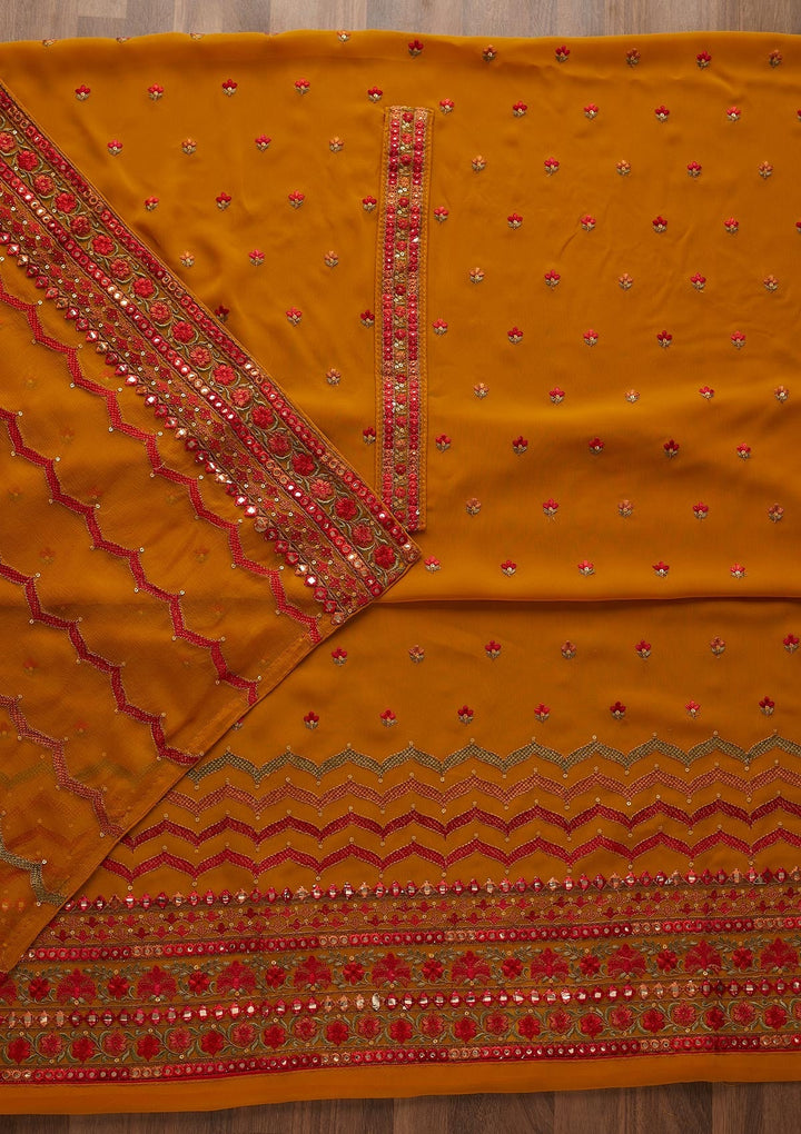 Mustard Threadwork Georgette  Unstitched Salwar Suit - Koskii