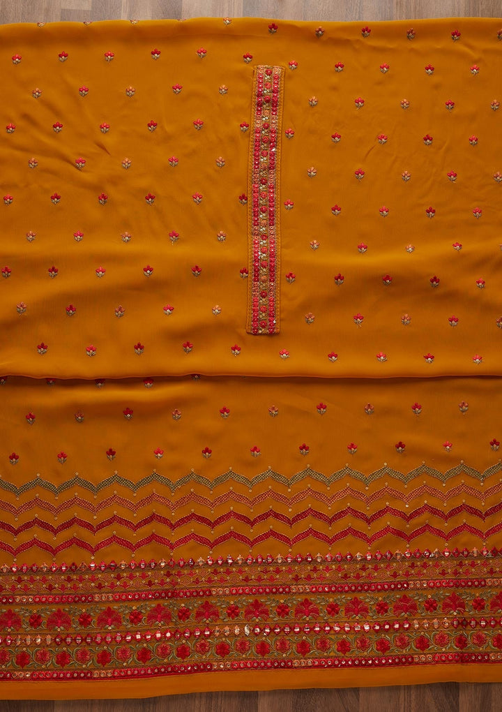 Mustard Threadwork Georgette  Unstitched Salwar Suit - Koskii